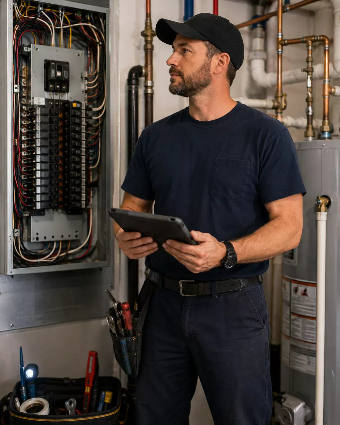 Electrician reviewing work notes on tablet