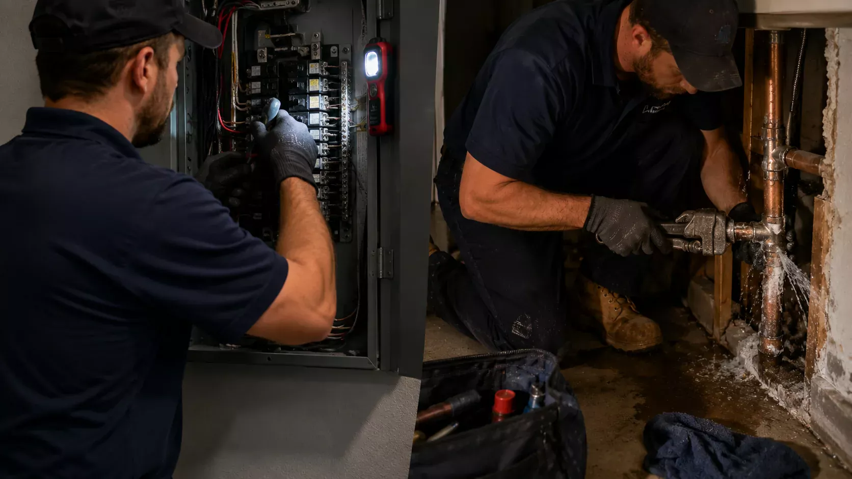 Electrician and plumber responding to emergency call