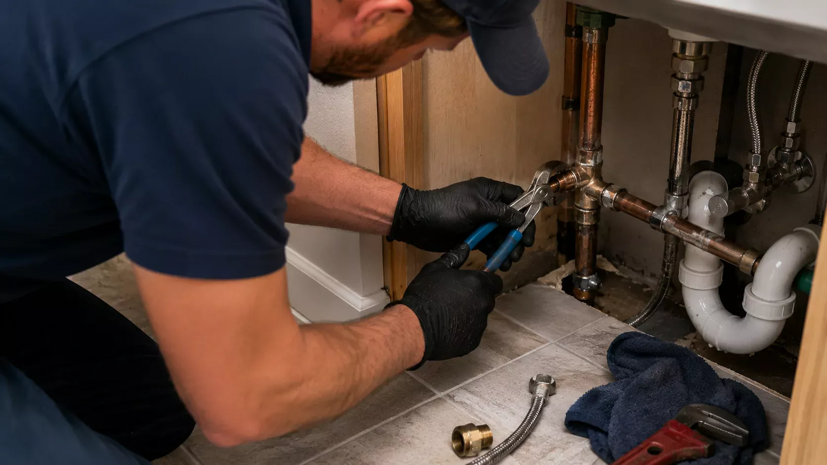 Plumber repairing sink pipes under cabinet